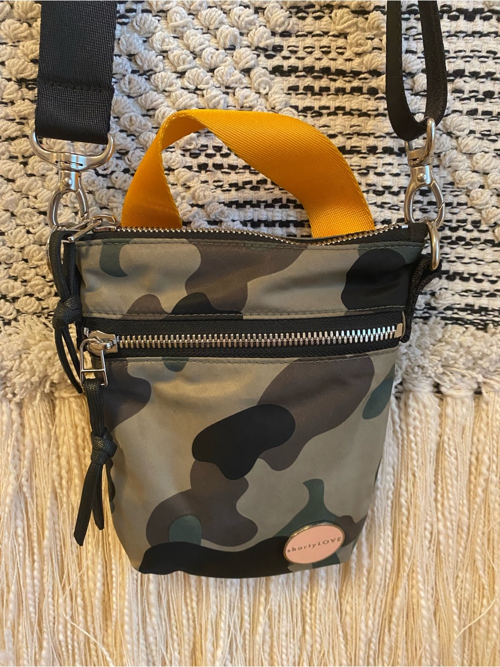 shortyLOVE Shorthand - phone Crossbody Bag with Camo/Yellow Handle